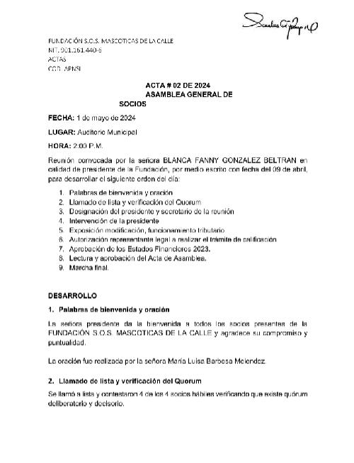 Acta de aprobacion estados financieros sos mascoticas de la calle