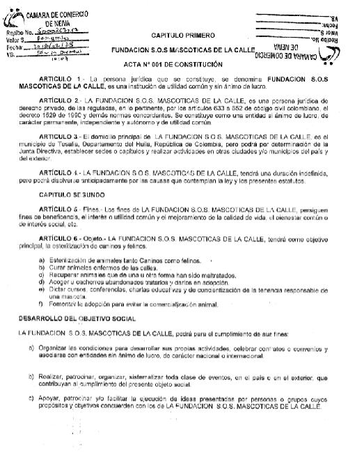 Acta de constitución y estatutos sos mascoticas de la calle